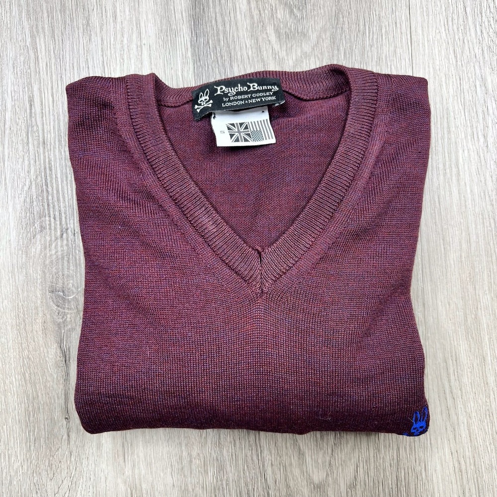 Psycho Bunny Long Sleeve V-neck Merino Wool Sweater Mens Size Small Maroon
